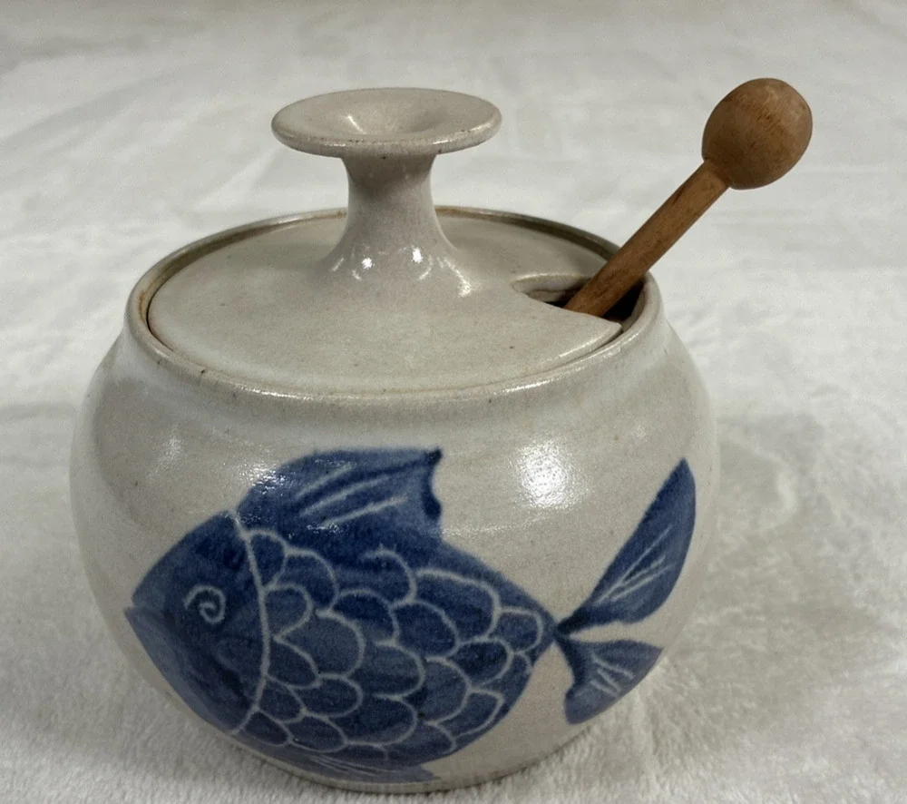 Handmade Studio Art Pottery Honey Jar Blue & White Fish Glaze with Lid & Dipper